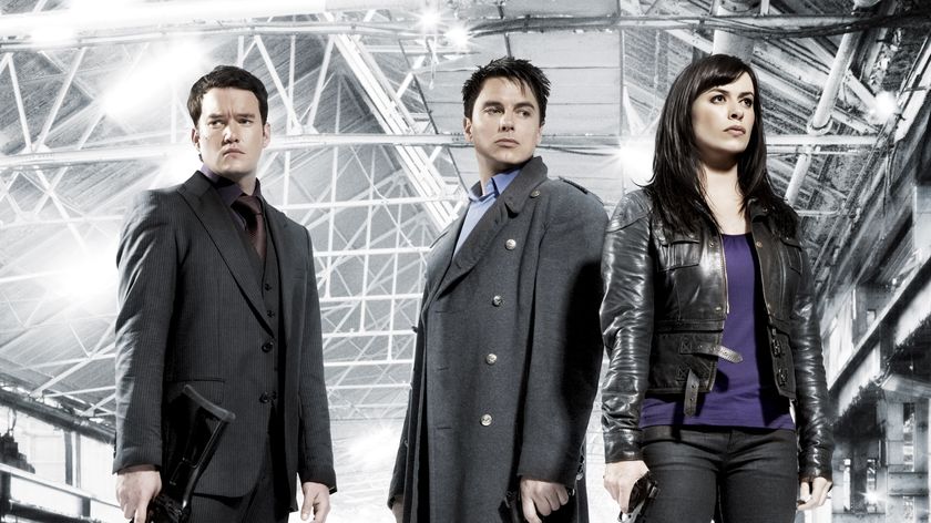 Screenshot from the 2009 mini-series Torchwood: Children of Earth showing Ianto Jones, Captain Jack Harkness, and Gwen Cooper.