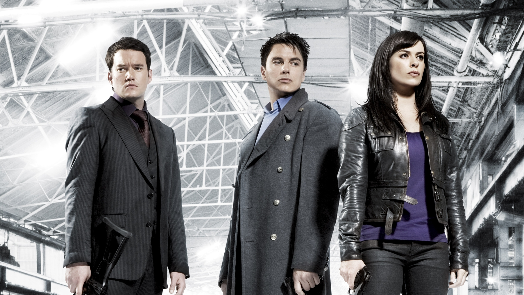 Screenshot from the 2009 mini-series Torchwood: Children of Earth showing Ianto Jones, Captain Jack Harkness, and Gwen Cooper.