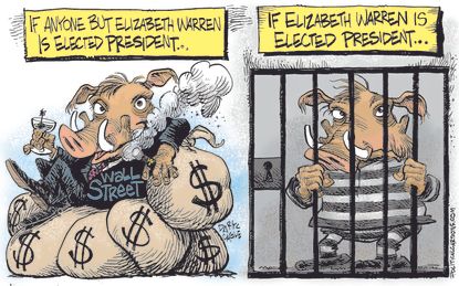 Political Cartoon U.S. Elizabeth Warren Wall Street Wart Hogs Jail Time
