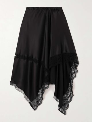 Asymmetric Lace-Trimmed Silk-Blend Satin Midi Skirt