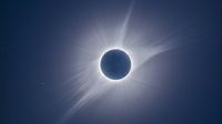 view of the sun during a total solar eclipse surrounded by a white halo with enormous white streamers firing off in all directions.