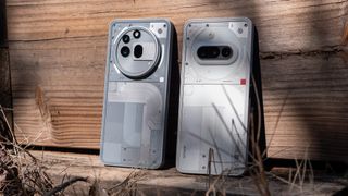 Comparing the transparent backs of the grey Nothing Phone (3a) Pro with the white Nothing Phone (3a)