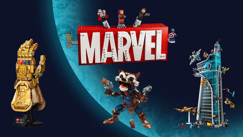Several brick-built items, one a golden gauntlet, one a racoon with guns, one a large tower with mini characters surrounding it and a logo that reads &quot;Marvel&quot; are all on a blue planet background.