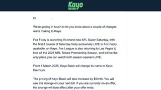 Kayo Sports email to subscribers notifying them of a price increase and subscription name change