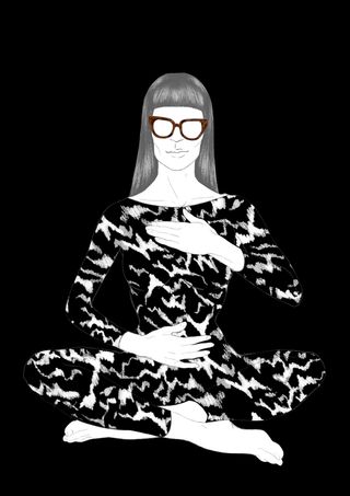 black and white illustration of woman meditating in leopard spandex and glasses