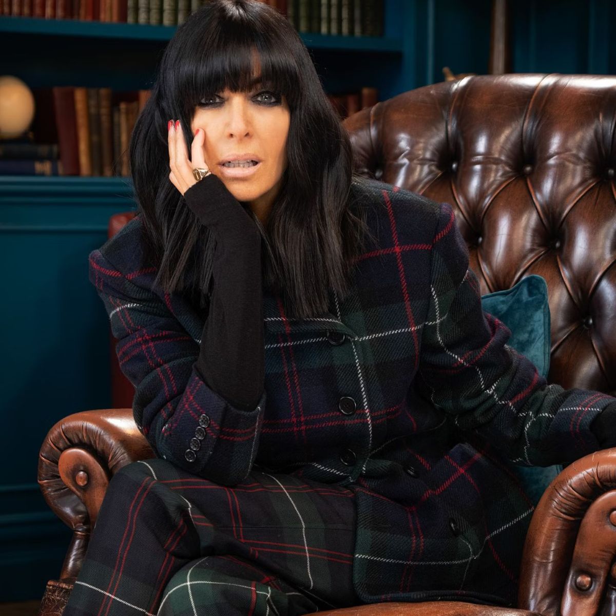 Claudia Winkleman wearing a tweed Ralph Lauren suit