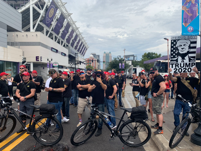 Proud Boys gather outside the Trump rally in Orlando Florida.