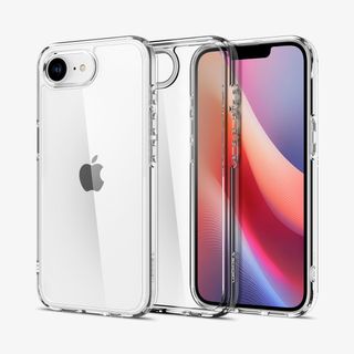 Renders of a Spigen transparent phone case on an iPhone SE 4