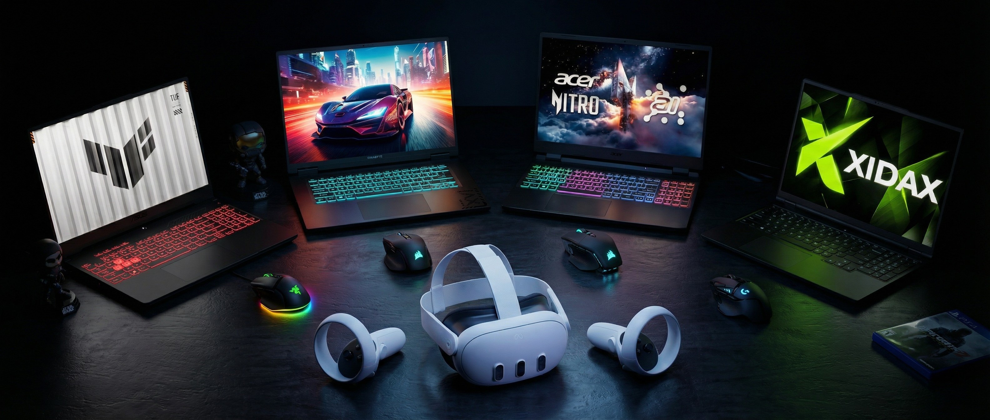 Assorted gaming products on a table with black background (AI generated)