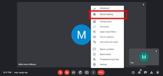 A screenshot of Google Meet with the "record meeting" option highlighted