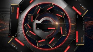 A futuristic spiral design features multiple WD_BLACK SN710 NVMe SSDs with 4TB capacity, arranged in layers, emitting a warm glow against a circuit board backdrop.