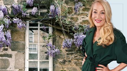 picture of wisteria growing over a outdoor wall with cut out of jerry hall over top