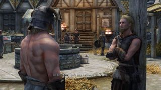 a villager admires the topless body of a dragonborn warrior