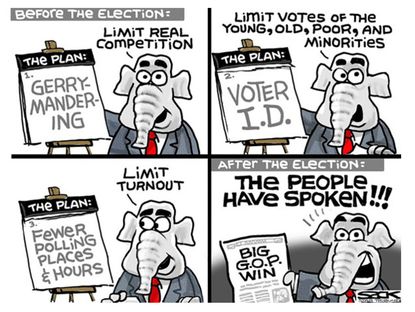 Political cartoon voter I.D. laws GOP gerrymandering
