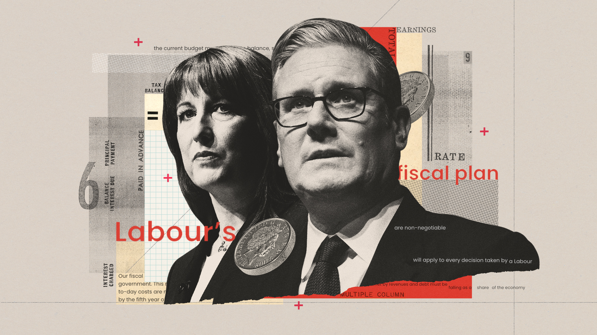Photo composite illustration of Keir Starmer, Rachel Reeves and quotations from the Labour manifesto