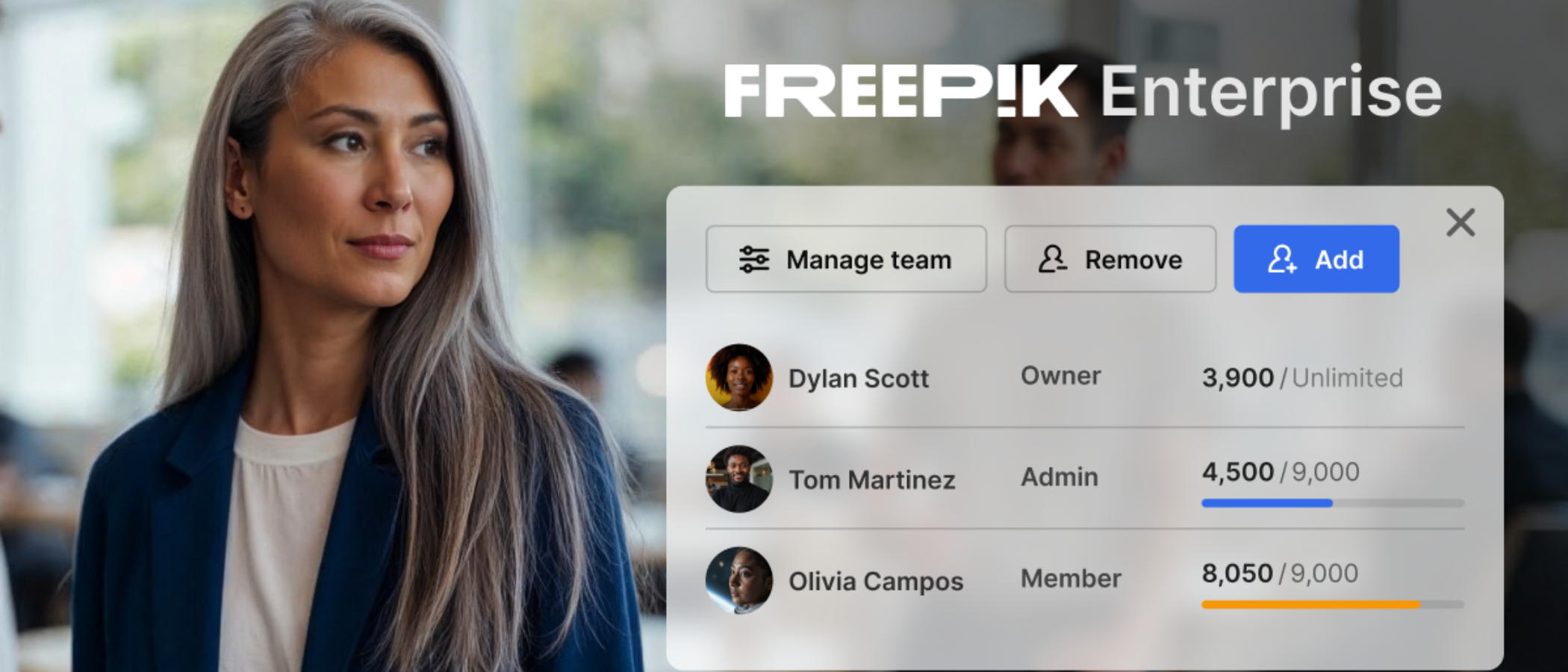 Freepik Enterprise plan showing part of UI and a businesswoman in an office
