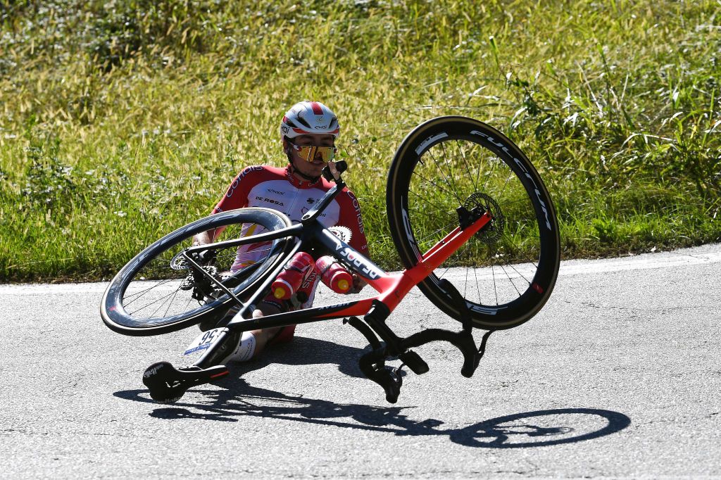 BORGOSESIA ITALY OCTOBER 07 Hugo Toumire of France and Team Cofidis crashes during the 105th Gran Piemonte 2021 a 168km race from Rocca Canavese to Borgosesia 350m GranPiemonte on October 07 2021 in Borgosesia Italy Photo by Tim de WaeleGetty Images