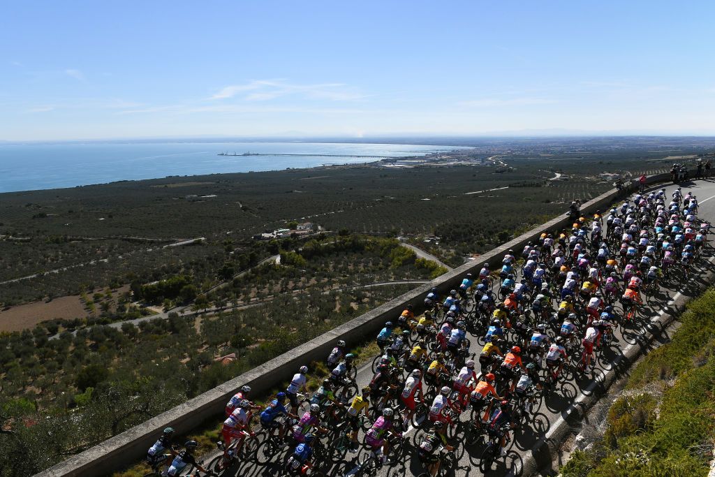 VIESTE ITALY OCTOBER 10 Monte San SantAngelo 747m Adriatico Sea Peloton Landscape during the 103rd Giro dItalia 2020 Stage Eight a 200km stage from Giovinazzo to ViesteGargano girodiitalia Giro on October 10 2020 in Vieste Italy Photo by Tim de WaeleGetty Images