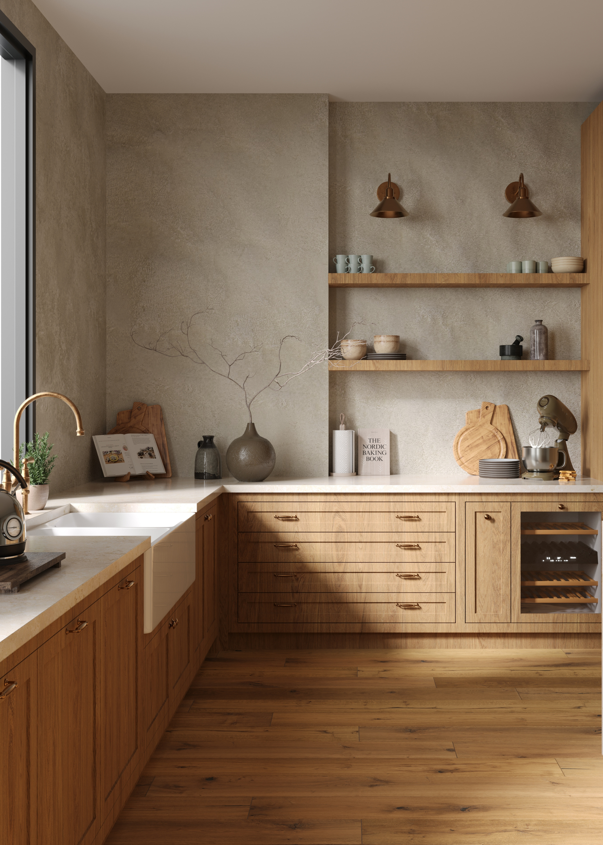A spacious L-shaped mid-tone wood kitchen with grey textured walls, open shelving and brass wall lights above the shelves