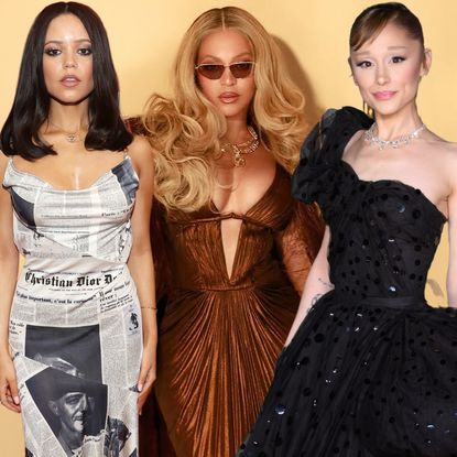 collage of celebrities wearing vintage red carpet looks in 2025