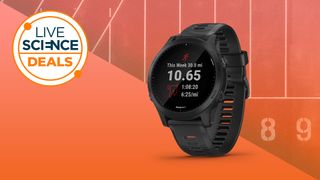 Garmin Forerunner 945 on an orange background