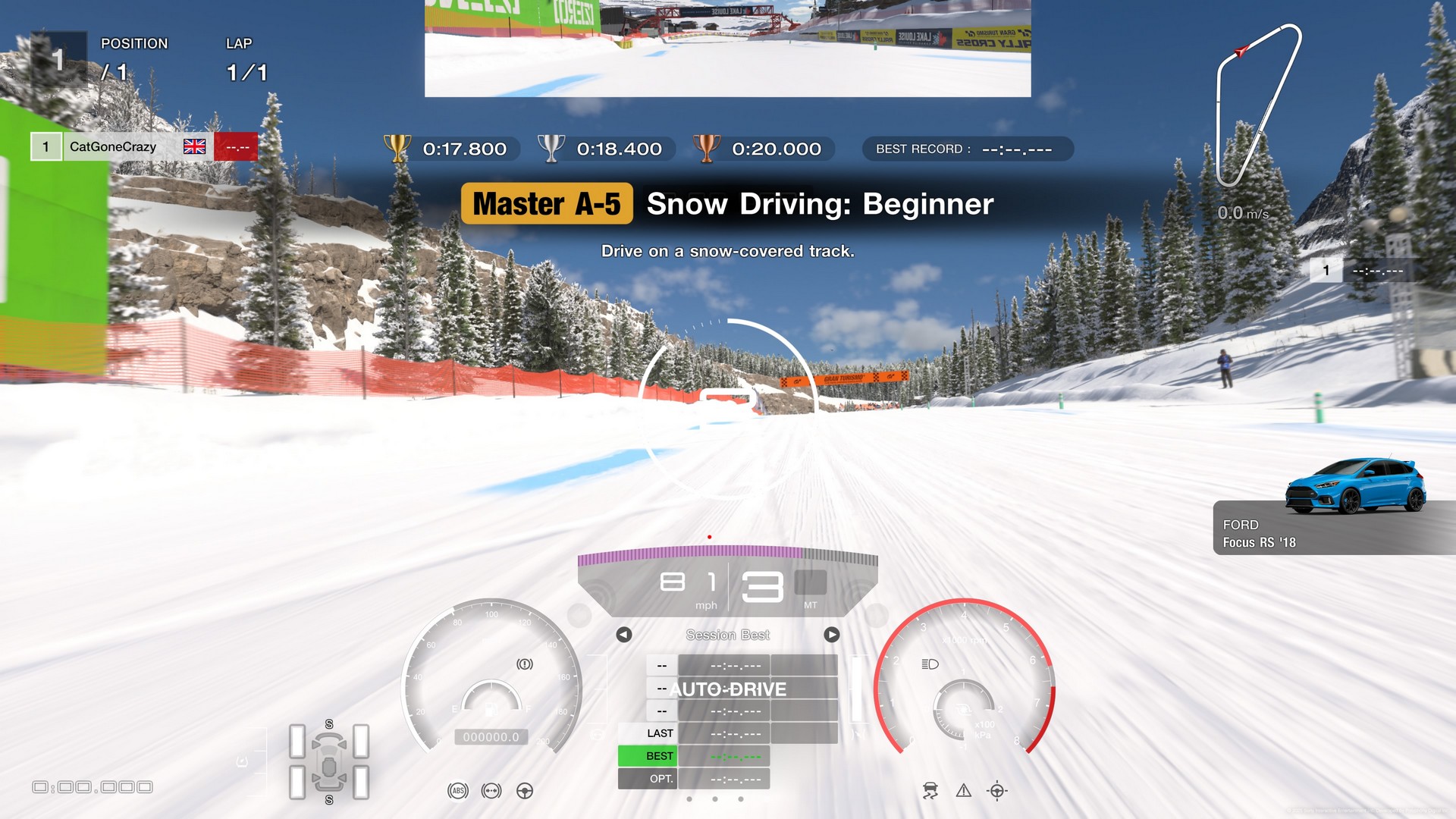 Racing in Gran Turismo 7 in first-person on a snowy track