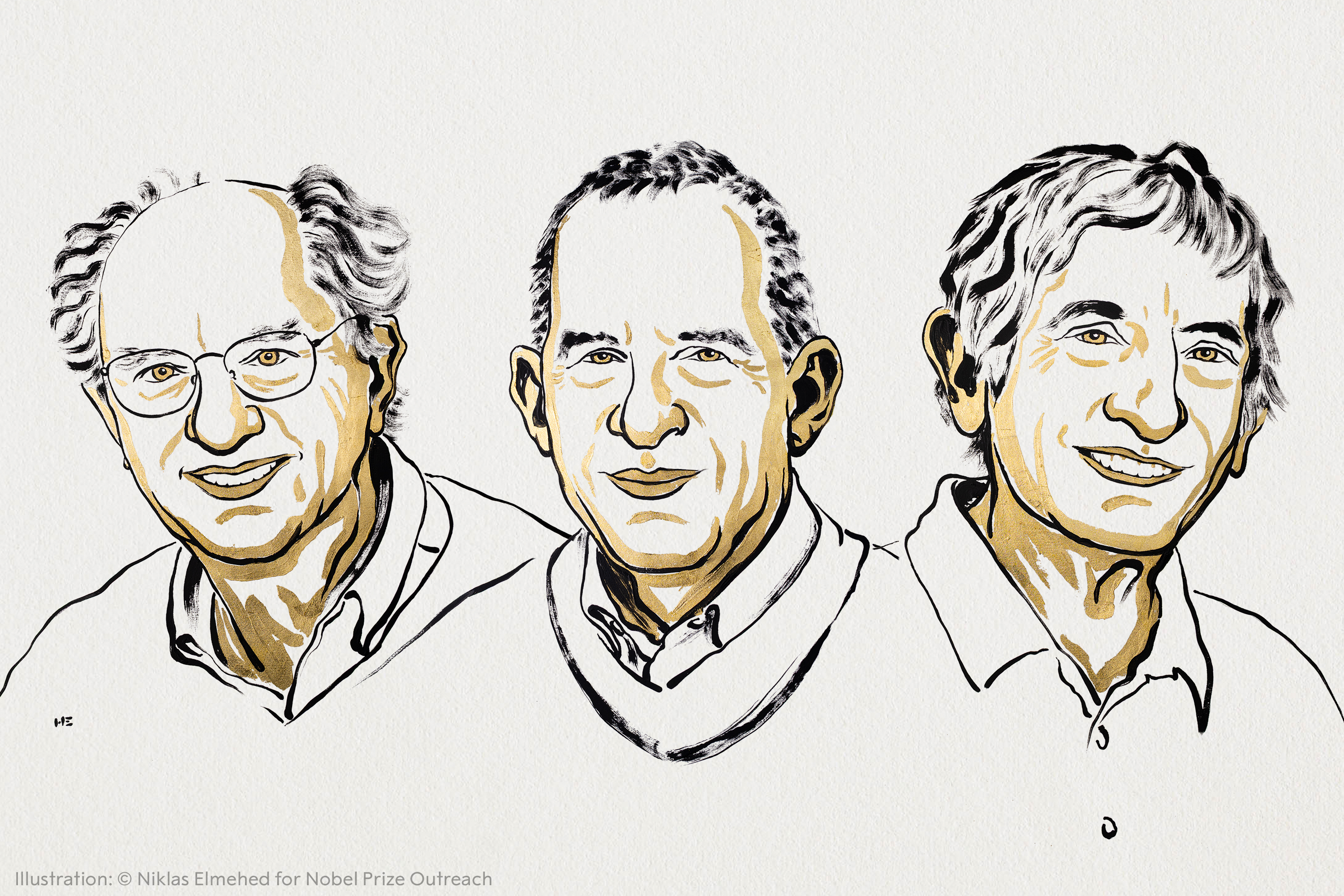 An illustration of the 2025 Nobel Prize winners in physics, left to write: John Clarke, Michel H. Devoret and John M. Martinis. 