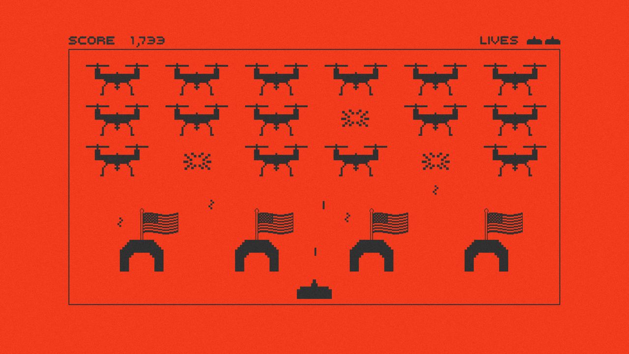 Illustration of drones in the style of a Space Invaders video game