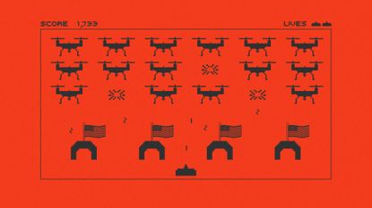 Illustration of drones in the style of a Space Invaders video game