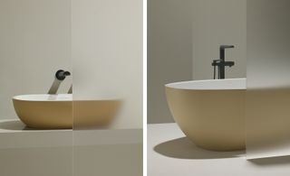 Victoria + Albert for House of Rohl Barcelona minimalist bathtub in Dune Retreat colour, and matching sinks
