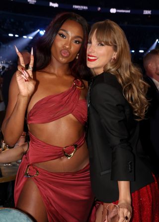 Coco Jones and Taylor Swift at the 2025 Grammys