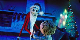 Jack Skellington as Sandy Claws handing over a present to a child in the Nightmare Before Christmas