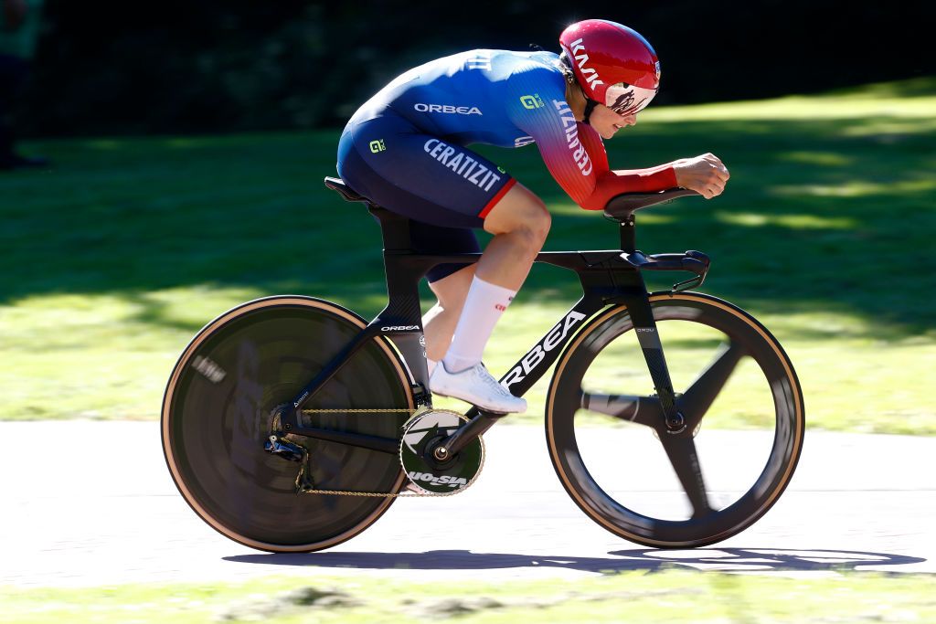 EDE NETHERLANDS SEPTEMBER 05 Kathrin Schweinberger of Austria and Team CeratizitWnt Pro Cycling sprints during the 25th Simac Ladies Tour 2023 Prologue a 24km individual time trial stage from Ede to Ede UCIWWT on September 05 2023 in Ede Netherlands Photo by Bas CzerwinskiGetty Images