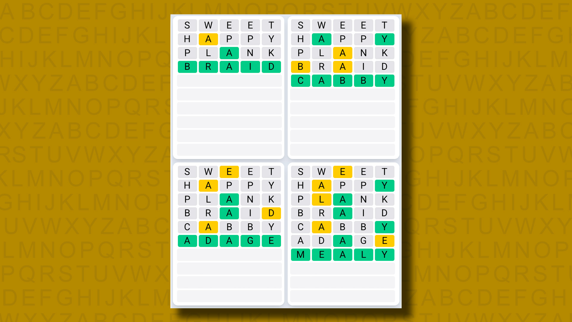 Quordle Daily Sequence answers for game 1250 on a yellow background
