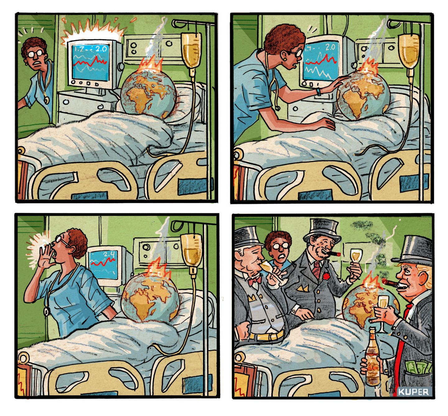 
                                This four-panel cartoon is wordless and depicts Earth as a patient in a hospital bed. It is burning and the nurse shouts for help in the third frame. In the fourth frame, a group of three stereotypical smiling rich guys in tuxedos drink champagne and light their cigars from the burning Earth.
                            