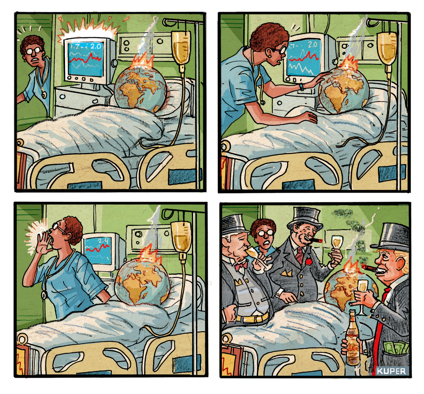 This four-panel cartoon is wordless and depicts Earth as a patient in a hospital bed. It is burning and the nurse shouts for help in the third frame. In the fourth frame, a group of three stereotypical smiling rich guys in tuxedos drink champagne and light their cigars from the burning Earth.