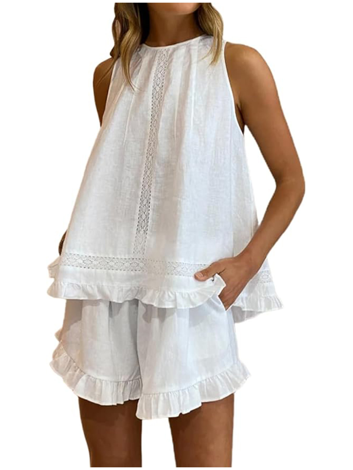 Sotimoon Womens Ruffle Short Set 2 Piece Outfits Fashion Summer Sleeveless Lace Trim Top and Shorts Cotton Pajama Sets