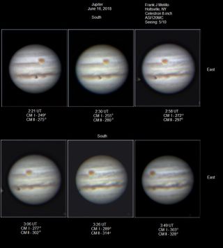 Skywatcher Frank Melillo captured these images of Jupiter spinning over the course of a night on June 16 in New York. The shadow of Jupiter's moon Io can also be seen crossing the disk.