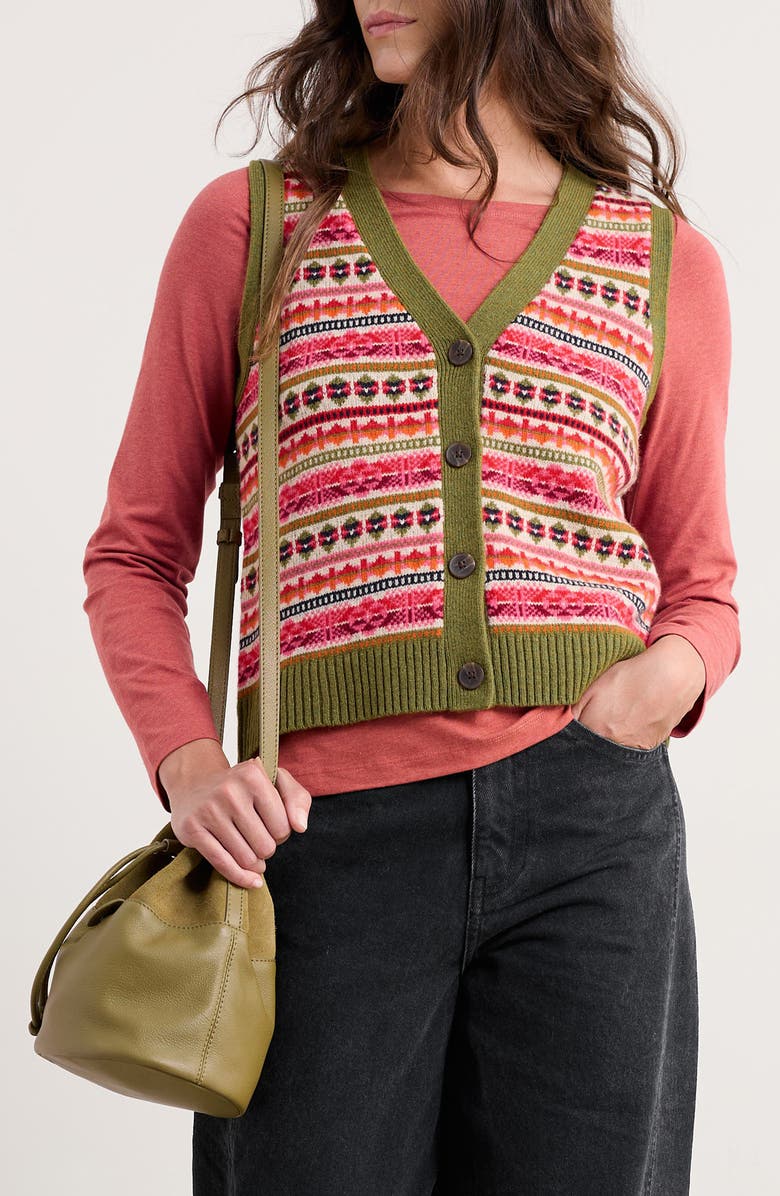 Percella Cove Fair Isle Merino Wool Blend Button-Up Sweater Vest
