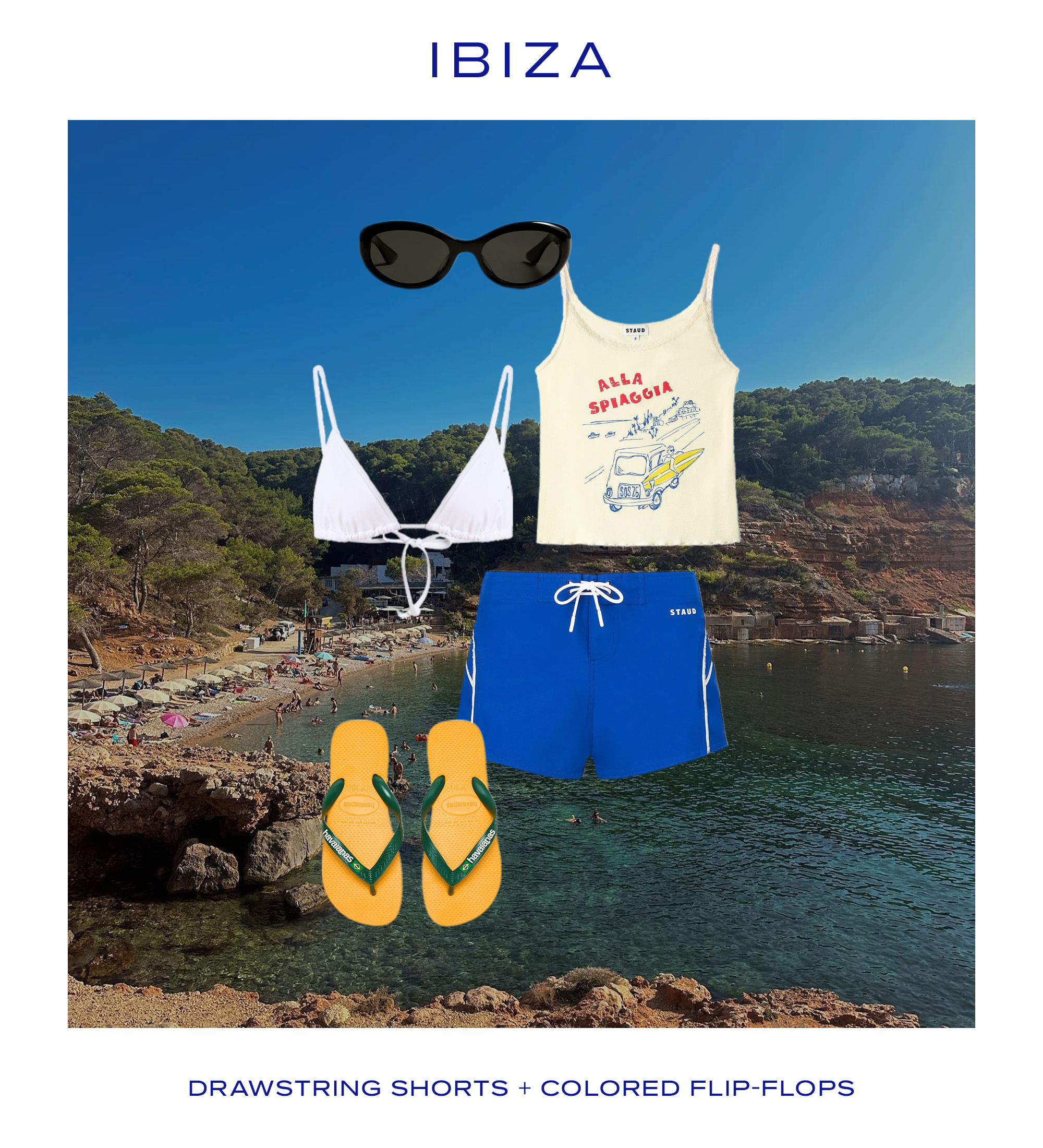 Collage of a beach in Ibiza, A Staud tank, sunglasses, a white bikini, blue shorts, and yellow flip-flops.