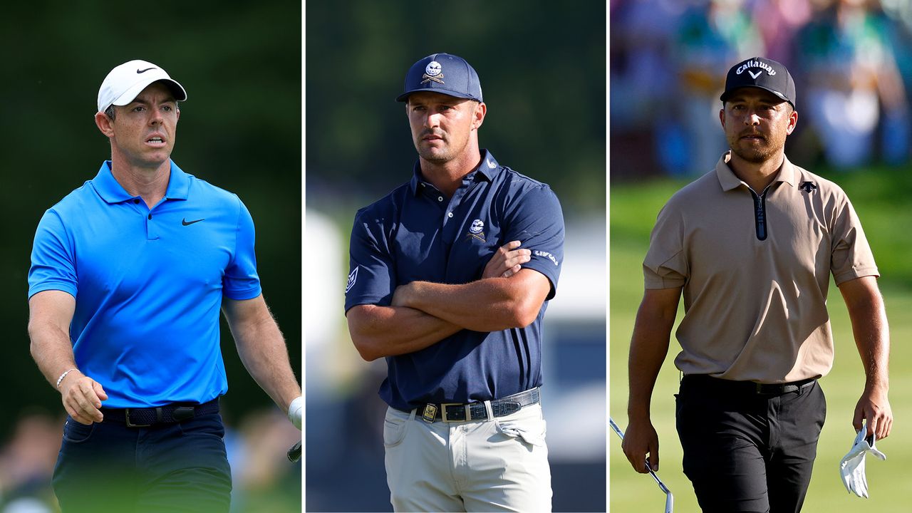 Three-photo image of Rory McIlroy (left), Bryson DeChambeau (centre), and Xander Schauffele (right)