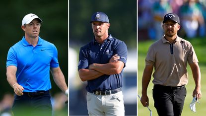 Three-photo image of Rory McIlroy (left), Bryson DeChambeau (centre), and Xander Schauffele (right)