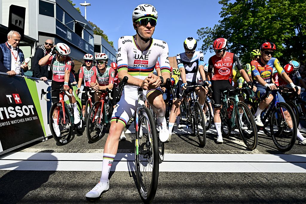 Tadej Pogacar waits for the start of the 2025 Liege-Bastogne-Liege