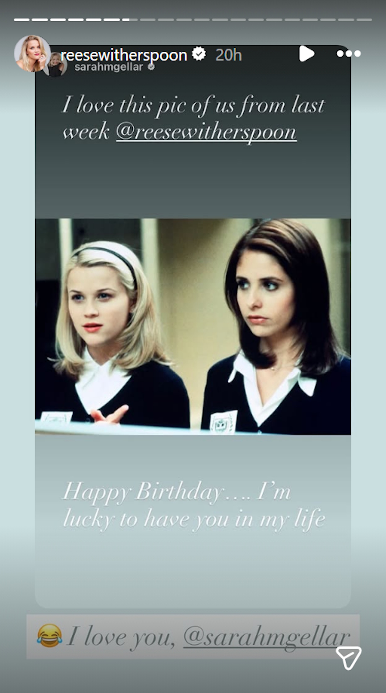 Reese Witherspoon responds to Sarah Michelle Gellar wishing her a Happy 50th Birthday.