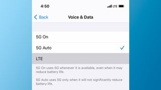 The LTE option turns off 5G entirely, while the 5G On option turns off Smart Data Mode, electing to keep 5G on at all times, whenever it is available.
