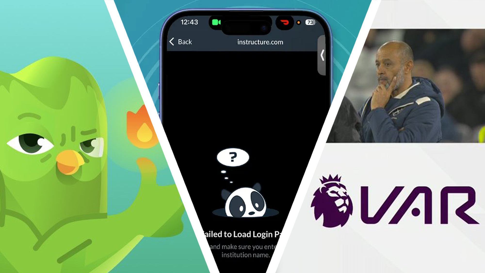 A Duolingo character next to the Canvas app showing an error message and a screen from a VAR check during a Premier League game