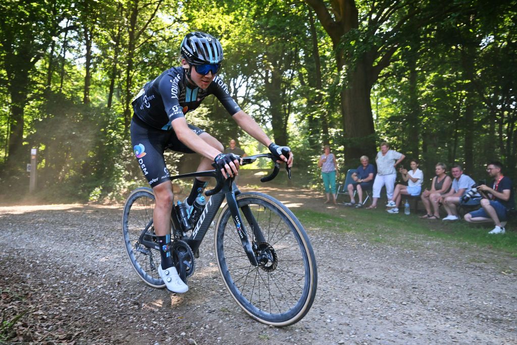 DIEST BELGIUM JUNE 10 Megan Jastrab of The United States and Team DSM competes during the 3rd Duracell Dwars Door Het Hageland 2023 Womens Elite a 128km one day race from Aarschot to Diest on June 10 2023 in Diest Belgium Photo by Luc ClaessenGetty Images