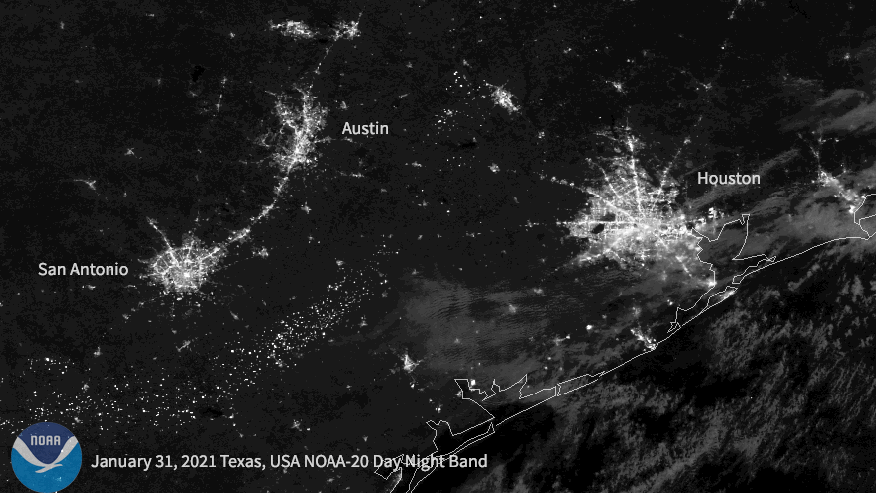 Satellite images show power outages in Texas on Feb. 16, 2021.