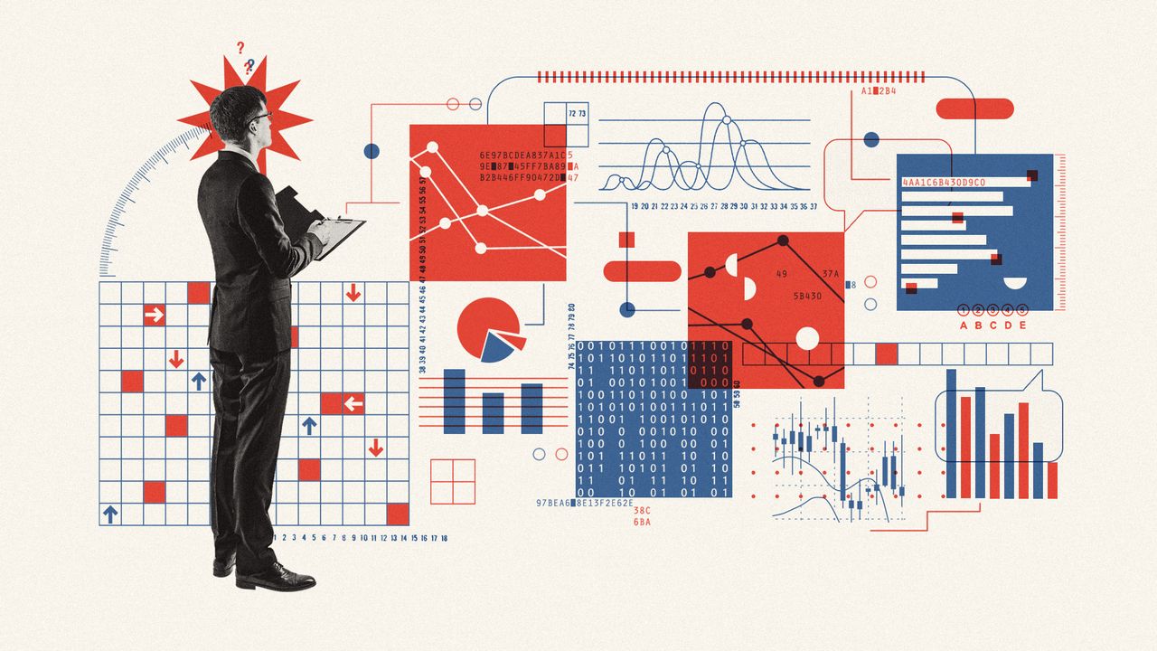 Illustration of a statistician calculating a complex grid of charts and graphs