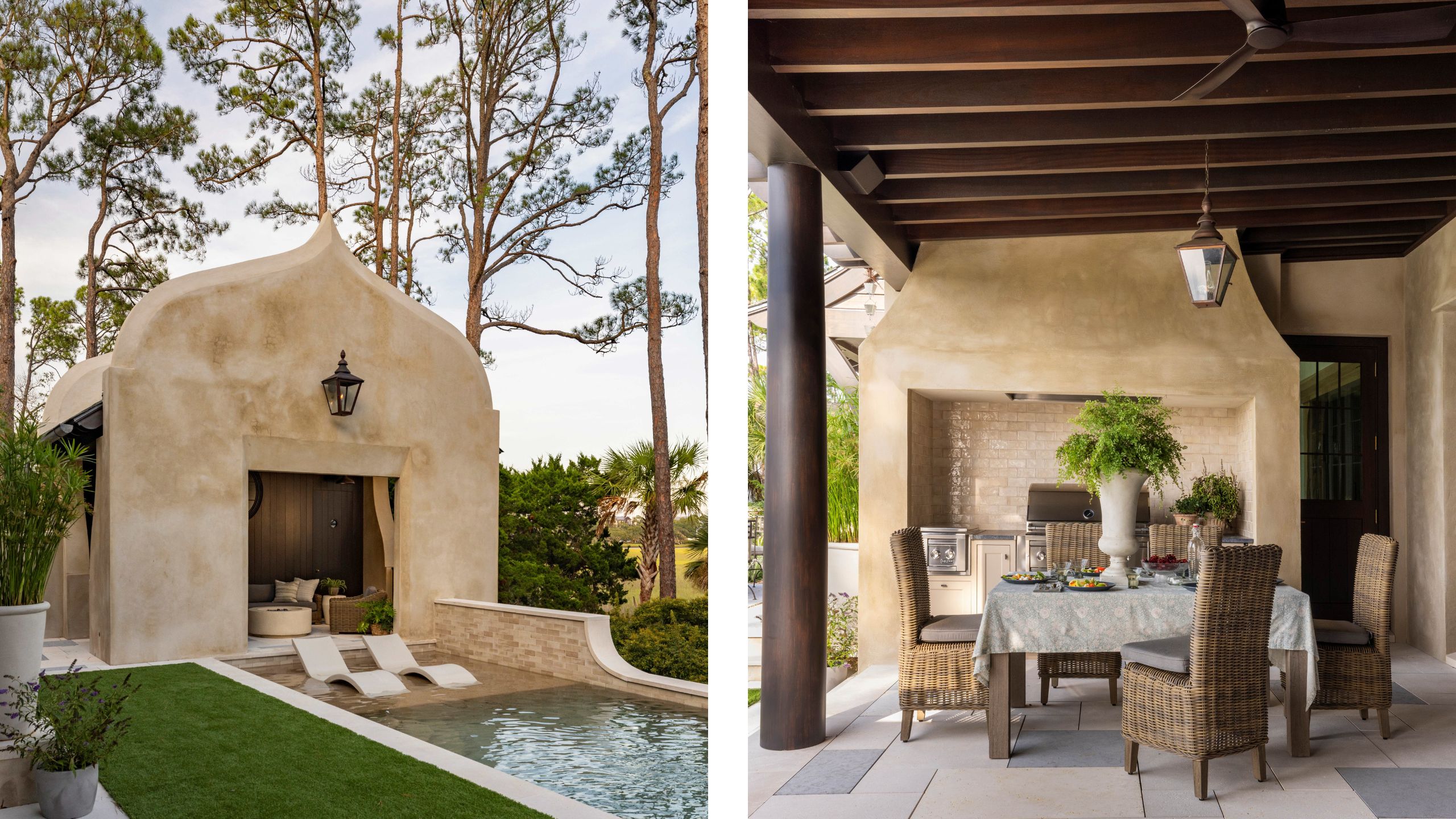 two side by side images of a stone built pool house, outdoor pool and covered terrace